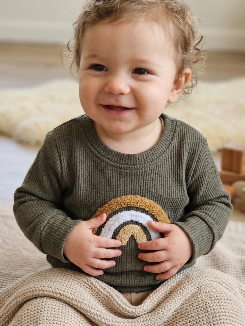 Boho Olive Green Rainbow Waffle Knit Sweater Top | Neutral Boy Girl Youth Size 3